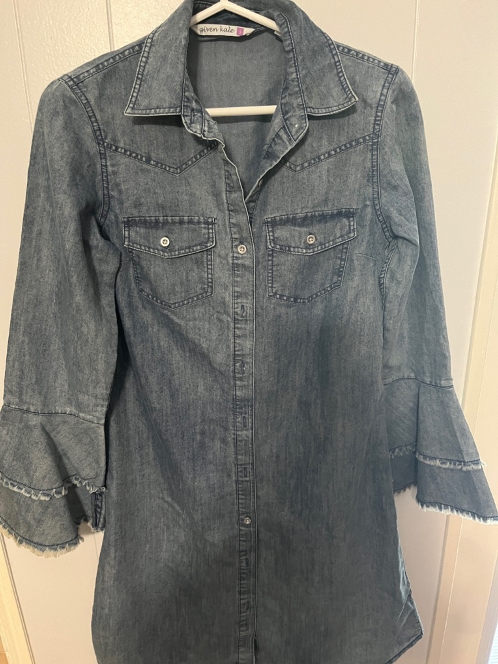 Washed Denim Midi Shirt Dress with Ruffle Sleeves - Blue - Picture 2 of 8